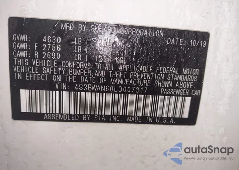 2020 Subaru Legacy Limited z USA, uszkodzony, nr VIN 4S3BWAN60L3007317